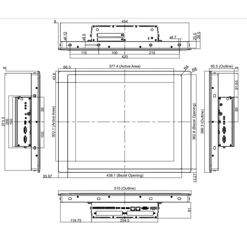 19 "Panel Mount Vesa TFT-LCD, Projected Capacitive Touch, IP65 Front VGA, DP, DVI-D 12,24,48vdc