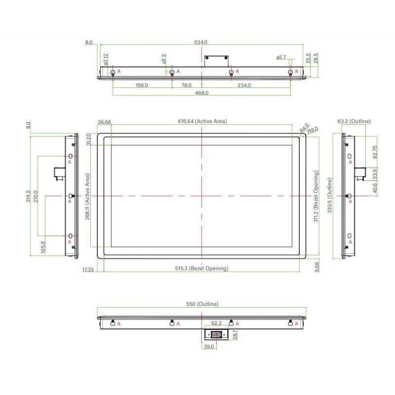 21.5"  Modular Monitor TFT-LCD, Kapacitiv touch, IP65 Front