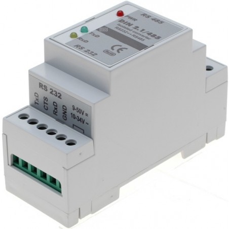 Galvanisk isoleret RS232 til RS485 konverter til DIN-skinne. Strømforsynes fra DC eller AC