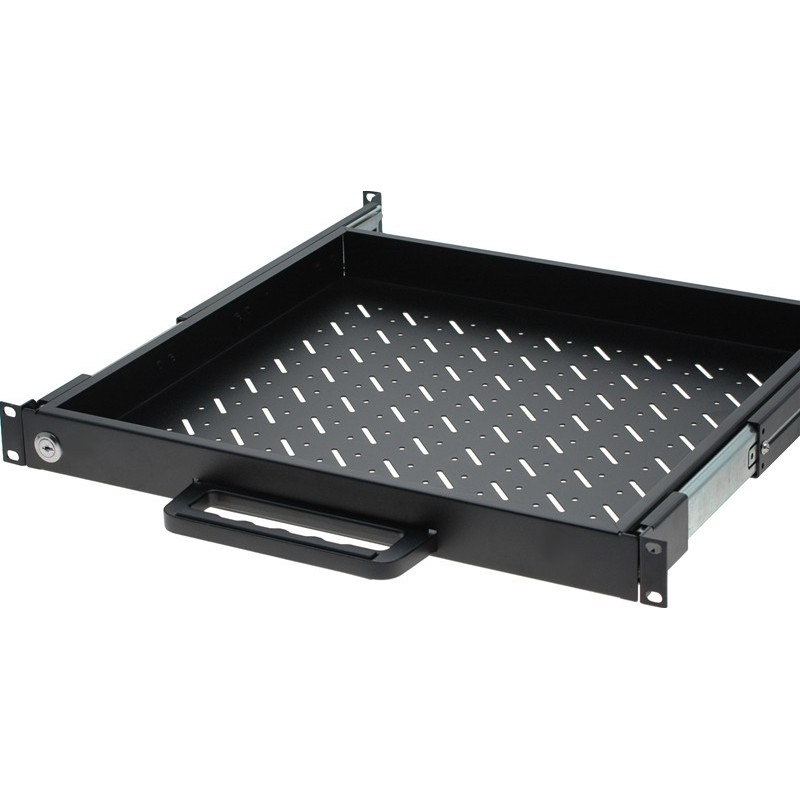 1U shelf for 19" rack, 470 - 600mm. With key lock, black.forShelf