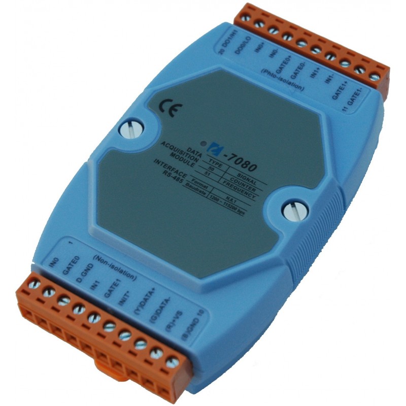 ICP DAS I-7080 is a 2 channel frequency counter module with 2 inputs, max. 100kHz. 32 bits count. 2 x digital output.