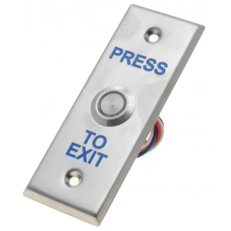 EXIT kontakt i metal med slutte og bryde kontakt og blå lys rundt om knappen
