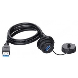 Waterproof USB3.0 chassis female connector, IP67 with cap, 1 meter cable. Plastic.
