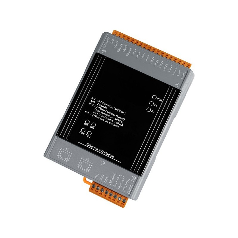 I / O module 6 x Digital Input, 6 x Relay output via Ethernet for industrial control applications. 2 x RJ45