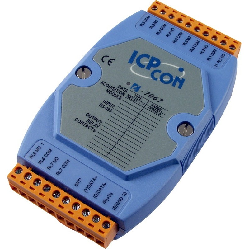 ICPDAS I-7067 is a module with 7 x relay outputs COM NO. Dry relay contacts for 24VDC / 1A, 120VAC / 0.5A RS485 bus