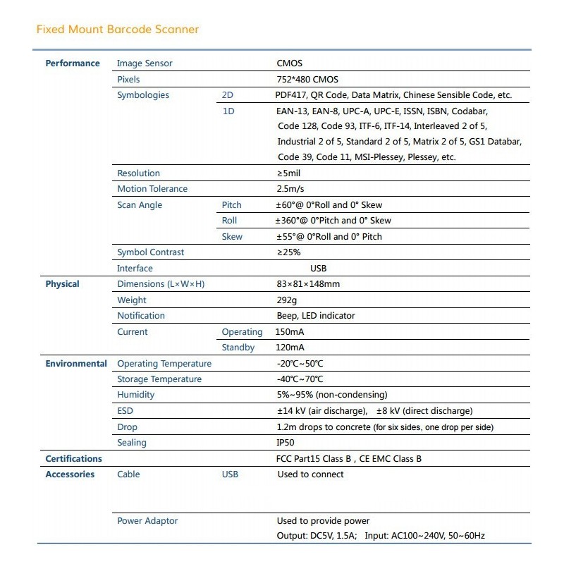 Streckkodsläsare för 2D, QR, 1D. Stationär med USB eller COM-port. Automatisk sökning av kod