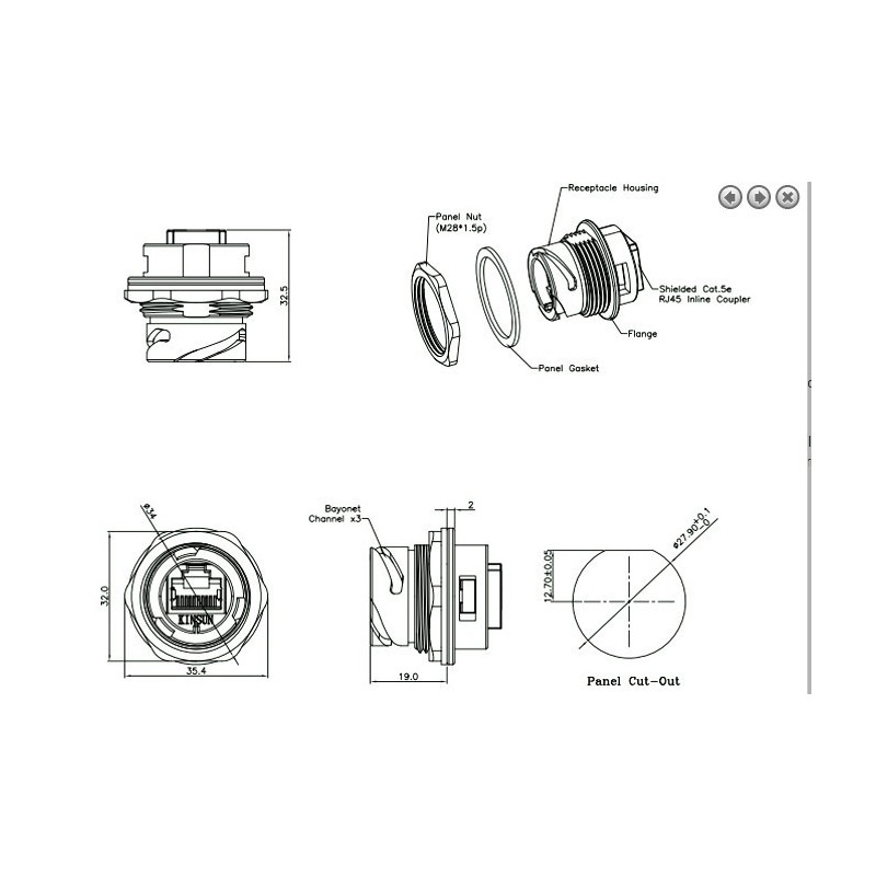 Vattentät RJ45-kontakt för chassifäste - IP68-klassad, (13/16"-UNEF28)