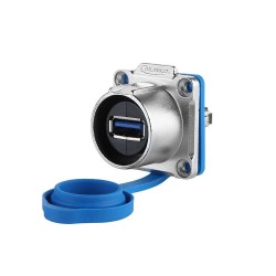 Vattentät USB 3.0 honkontakt med fläns för chassi, IP68 tät med lock, USB hona/hona