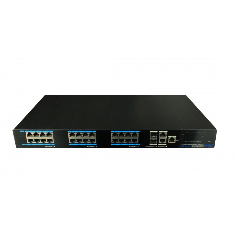 24 port janeaged Switch. 24 x 10/100/1000Mbit RJ45. Fiber 2 x 1000Mbit SFP slot