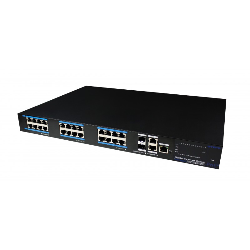 24 port janeaged Switch. 24 x 10/100/1000Mbit RJ45. Fiber 2 x 1000Mbit SFP slot
