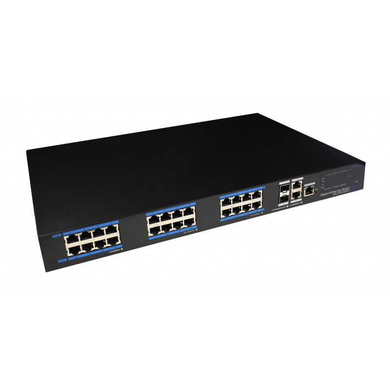 24 port janeaged Switch. 24 x 10/100/1000Mbit RJ45. Fiber 2 x 1000Mbit SFP slot