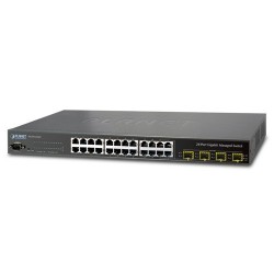 24 port managed switch 20 x 10/100/1000Mbit RJ45. Fiber 4 x 100/1000Mbit SFP