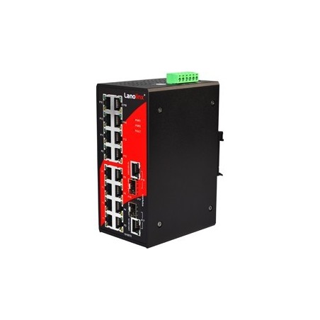16 ports Industriel 10/100Mbit + 2 x 10/100/1000Mbit SFP slot switch, DIN-beslag, -10 - +70°C, 12 - 48VDC