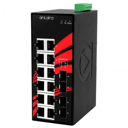 12 ports Industriel 10/100/1000Mbit + 4 x 100/1000Mbit SFP slot switch, DIN-beslag, -40 - +75°C, 12 - 48VDC